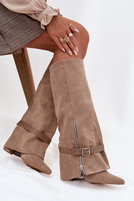 dámské dlouhé boty Slip-on vzor s podpatky se zdobenými podpatky béžové Jolivine