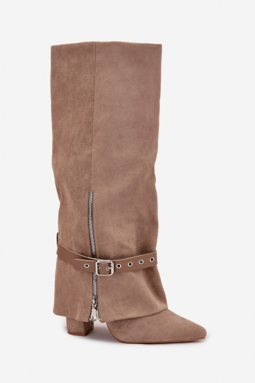 dámské dlouhé boty Slip-on vzor s podpatky se zdobenými podpatky béžové Jolivine