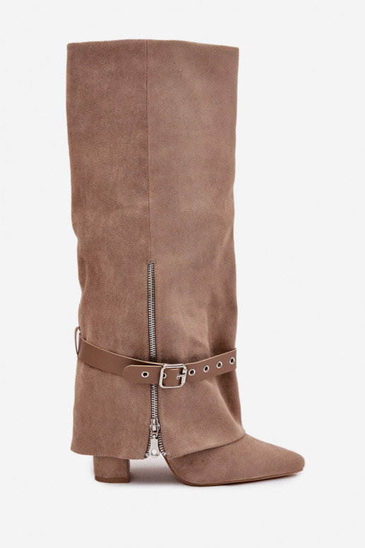 dámské dlouhé boty Slip-on vzor s podpatky se zdobenými podpatky béžové Jolivine