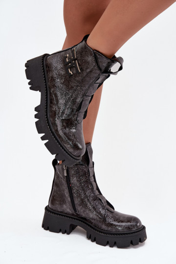 s efektem laku Dámské podpatky s ornamenty zateplené Artiker 57C2081 šedá