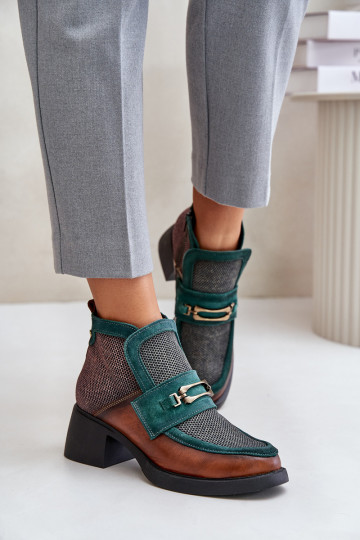 Dřeváky  se širokým podpatkem s ornamenty  A6747-29 hnědá-zelené