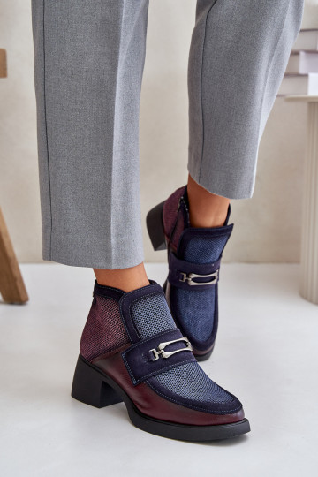 Dřeváky  se širokým podpatkem s ornamenty  A6747-23 vínováwo-tmavě modrá