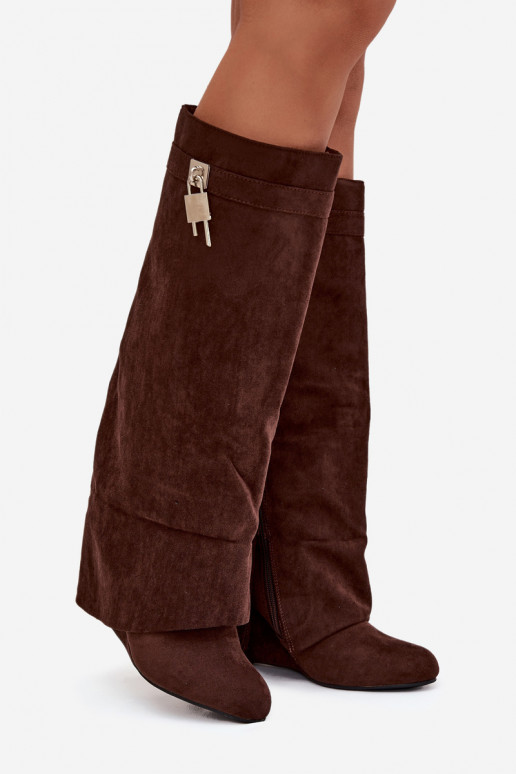 dámské dlouhé boty  s popruhy I stříbrné barvym Detalem Czekoladowe Korivelle