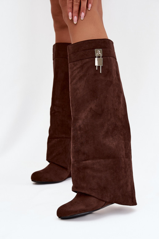 dámské dlouhé boty  s popruhy I stříbrné barvym Detalem Czekoladowe Korivelle