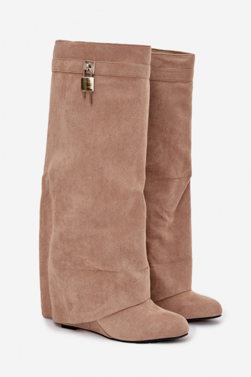 dámské dlouhé boty  s popruhy I stříbrné barvym Detalem béžové Korivelle