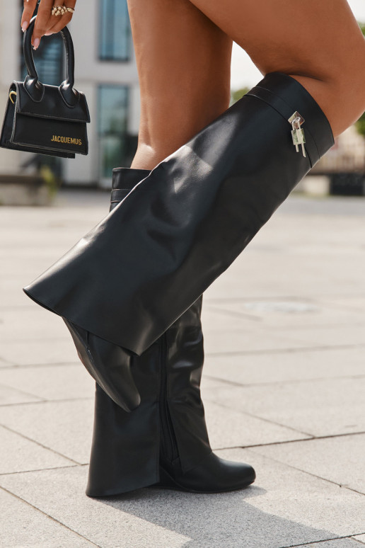 dámské dlouhé boty  s popruhy I stříbrné barvym Detalem Eko  Černé Korivelle