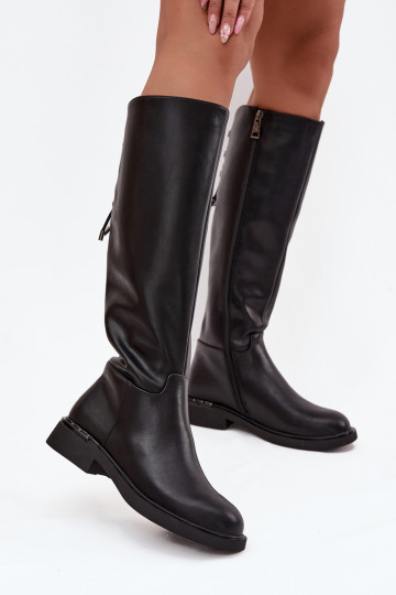 zateplené dámské dlouhé boty Z Naturalnej Skóry s širokými podpatky Vinceza 66822 Černé