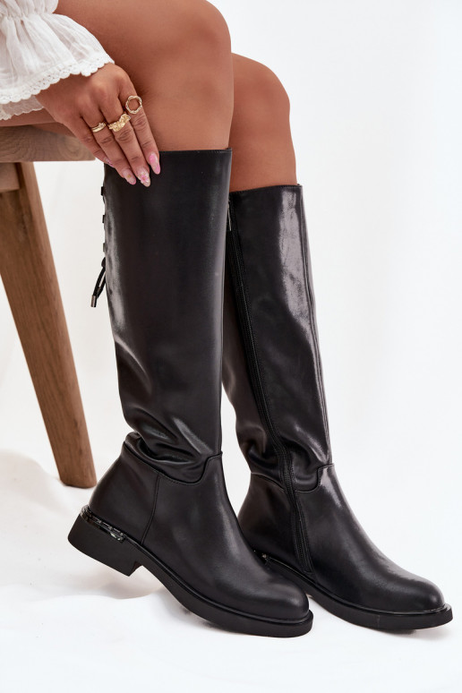 zateplené dámské dlouhé boty Z Naturalnej Skóry s širokými podpatky Vinceza 66822 Černé