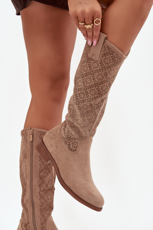 dámské dlouhé boty s ažurovými prvky s širokými podpatky S.Barski HY52-534 béžové dámské dlouhé boty s ažurovými prvky s širokými podpatky S.Barski HY52-534 béžové