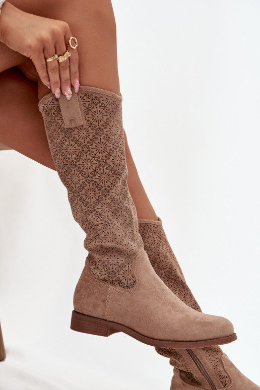 dámské dlouhé boty s ažurovými prvky s širokými podpatky S.Barski HY52-534 béžové dámské dlouhé boty s ažurovými prvky s širokými podpatky S.Barski HY52-534 béžové