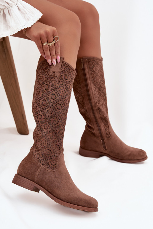 dámské dlouhé boty s ažurovými prvky s širokými podpatky S.Barski HY52-534 hnědá