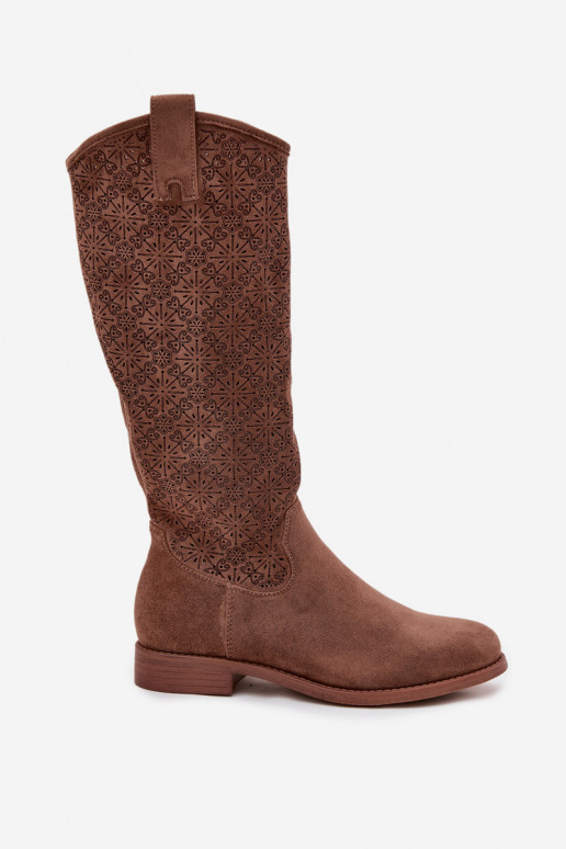 dámské dlouhé boty s ažurovými prvky s širokými podpatky S.Barski HY52-534 hnědá