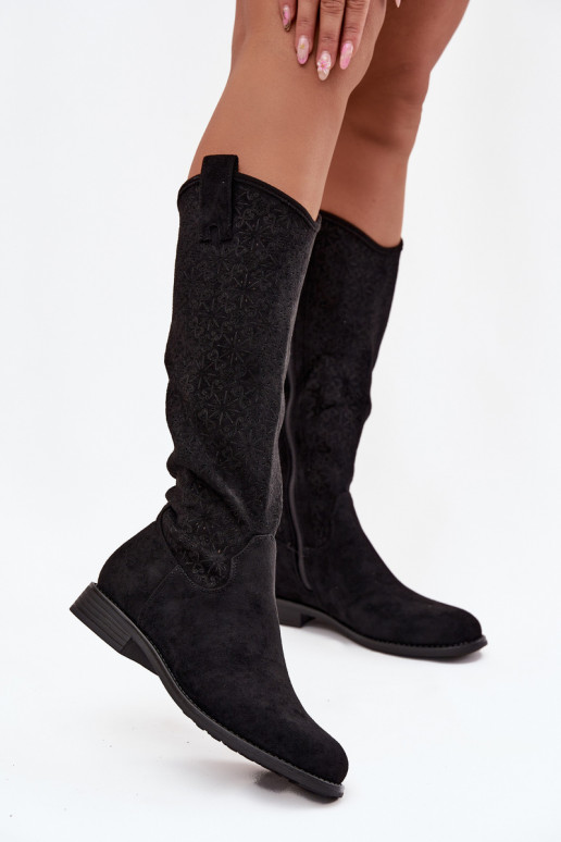 dámské dlouhé boty s ažurovými prvky s širokými podpatky S.Barski HY52-534 Černé