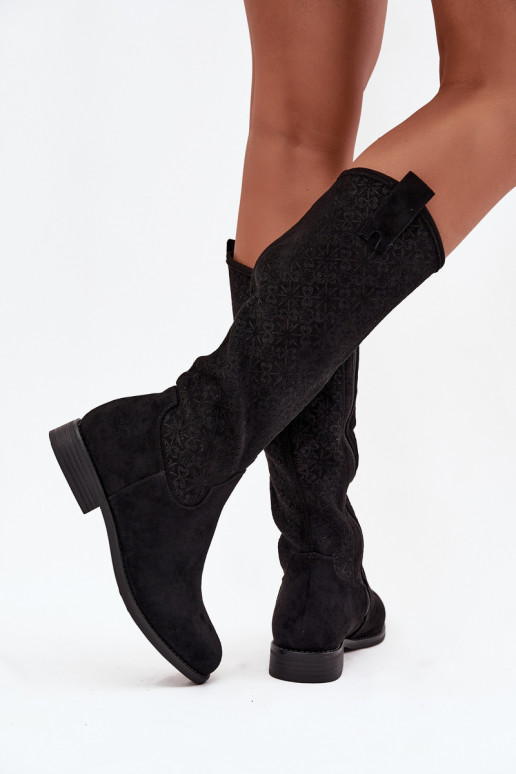 dámské dlouhé boty s ažurovými prvky s širokými podpatky S.Barski HY52-534 Černé