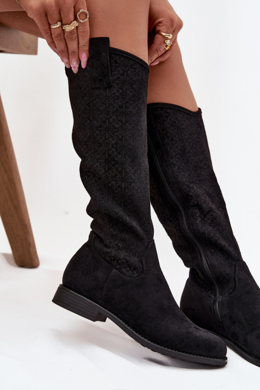 dámské dlouhé boty s ažurovými prvky s širokými podpatky S.Barski HY52-534 Černé