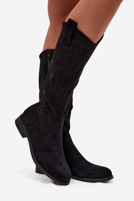 dámské dlouhé boty s ažurovými prvky s širokými podpatky S.Barski HY52-534 Černé