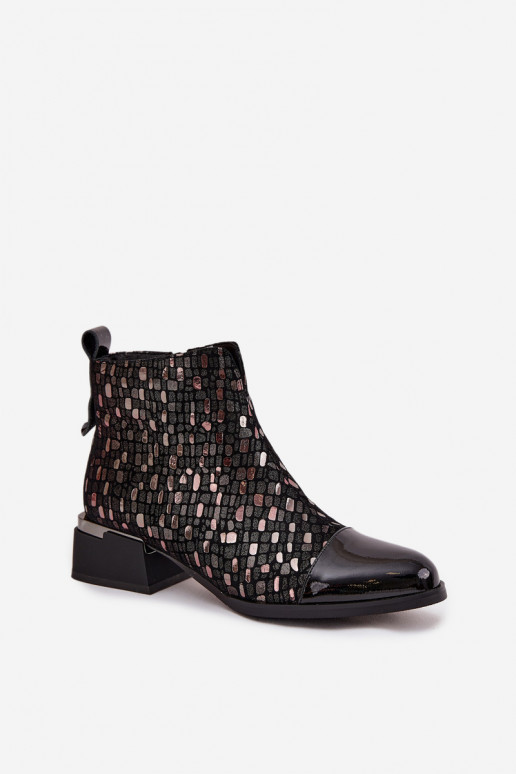 s efektem laku Dámské podpatky Z Naturalnej Skóry na nízkém podpatku D&A LZ52-960 Černé