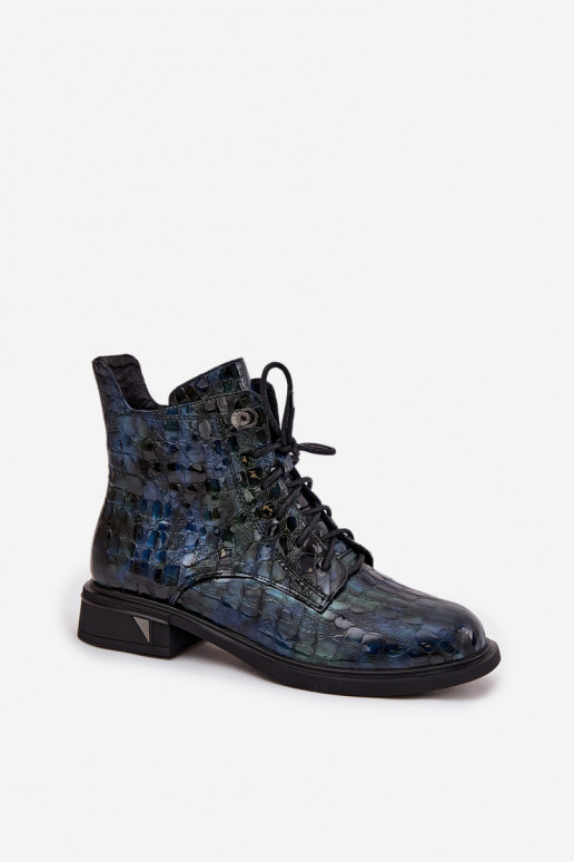 s efektem laku Dámské podpatky Z Naturalnej Skóry D&A LZ52-962 tmavě modrá