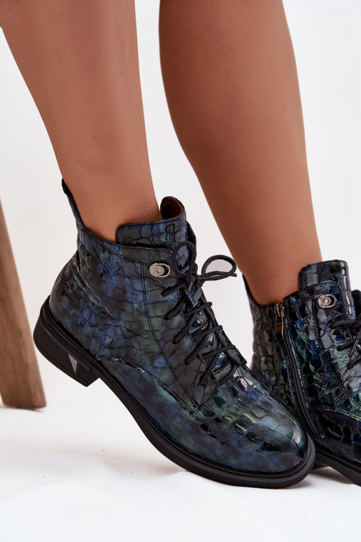 s efektem laku Dámské podpatky Z Naturalnej Skóry D&A LZ52-962 tmavě modrá