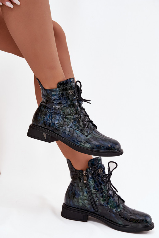 s efektem laku Dámské podpatky Z Naturalnej Skóry D&A LZ52-962 tmavě modrá