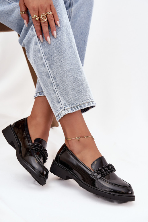 Dámské mokasíny s efektem laku s korálky S.Barski HY52-541 Černé