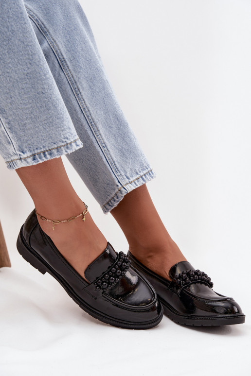 Dámské mokasíny s efektem laku s korálky S.Barski HY52-541 Černé