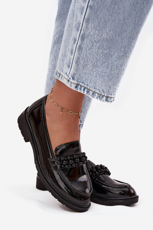 Dámské mokasíny s efektem laku s korálky S.Barski HY52-541 Černé