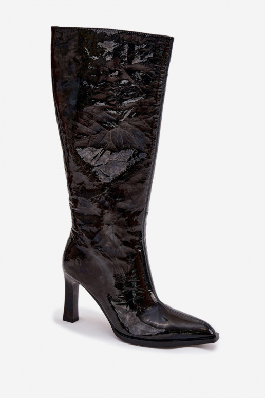  s efektem laku dámské dlouhé boty s podpatky zateplené D&A CR52-716 Černé