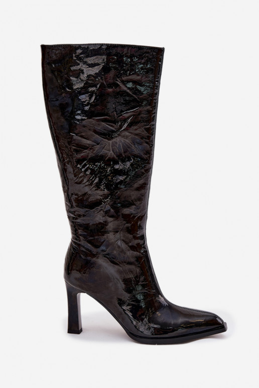  s efektem laku dámské dlouhé boty s podpatky zateplené D&A CR52-716 Černé