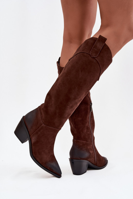 dlouhé boty kovbojský styl  s podpatky Z Naturalnego Zamszu Artiker 57C0230 hnědá