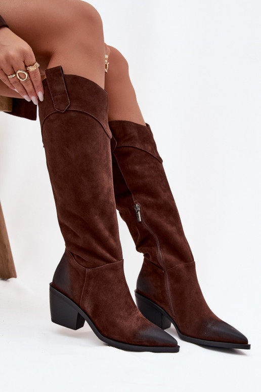 dlouhé boty kovbojský styl  s podpatky Z Naturalnego Zamszu Artiker 57C0230 hnědá