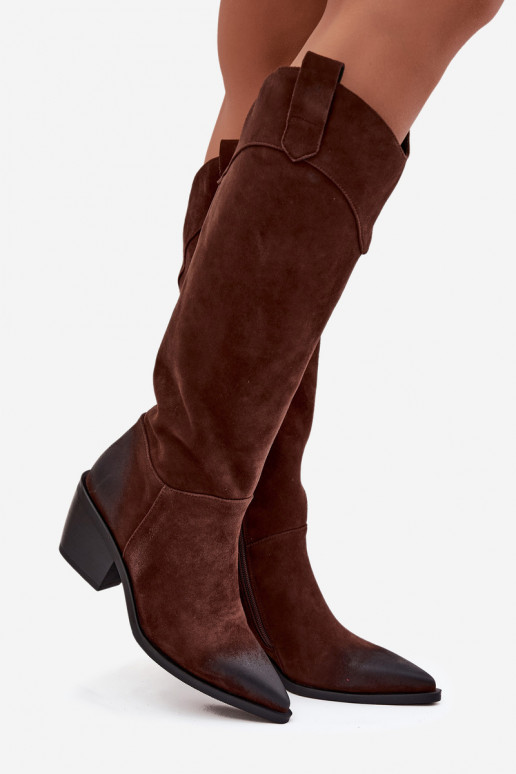 dlouhé boty kovbojský styl  s podpatky Z Naturalnego Zamszu Artiker 57C0230 hnědá