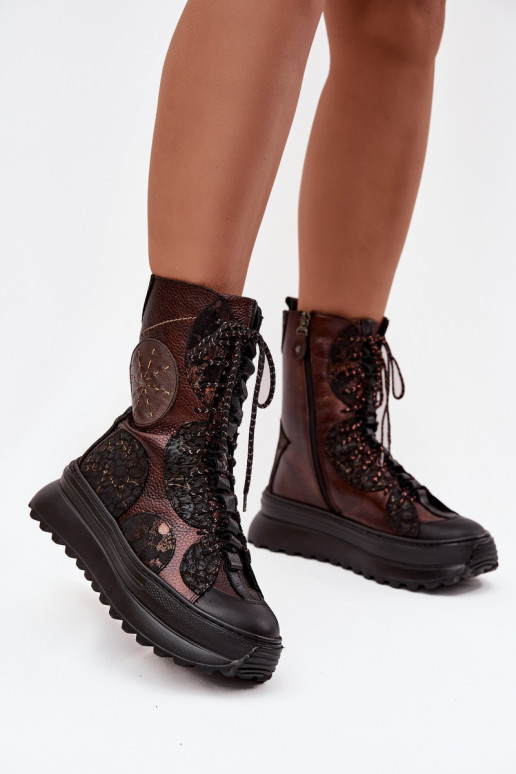 Dřeváky s platformou zateplené  06565-02 hnědá-zlaté barvy