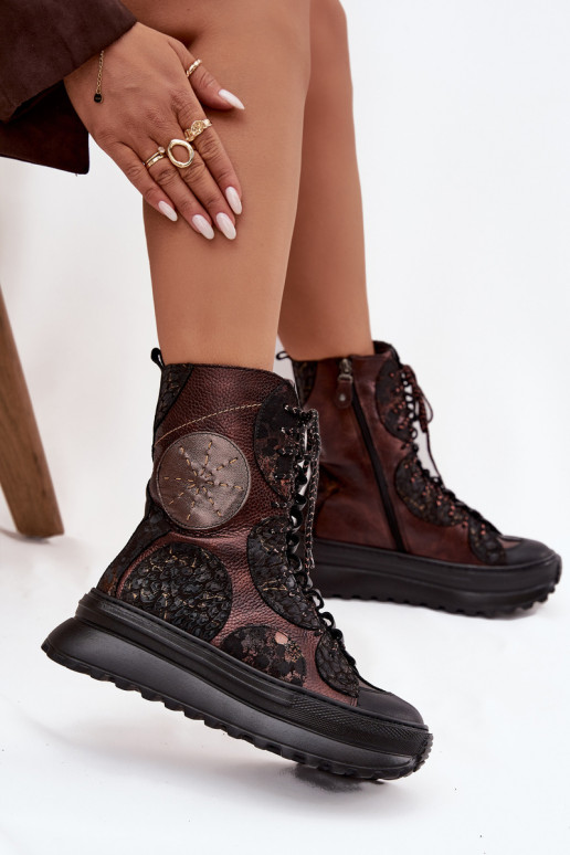 Dřeváky s platformou zateplené  06565-02 hnědá-zlaté barvy