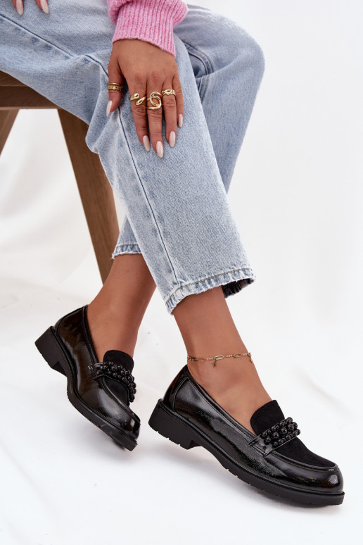 Dámské mokasíny s efektem laku s korálky S.Barski HY52-541 Černé