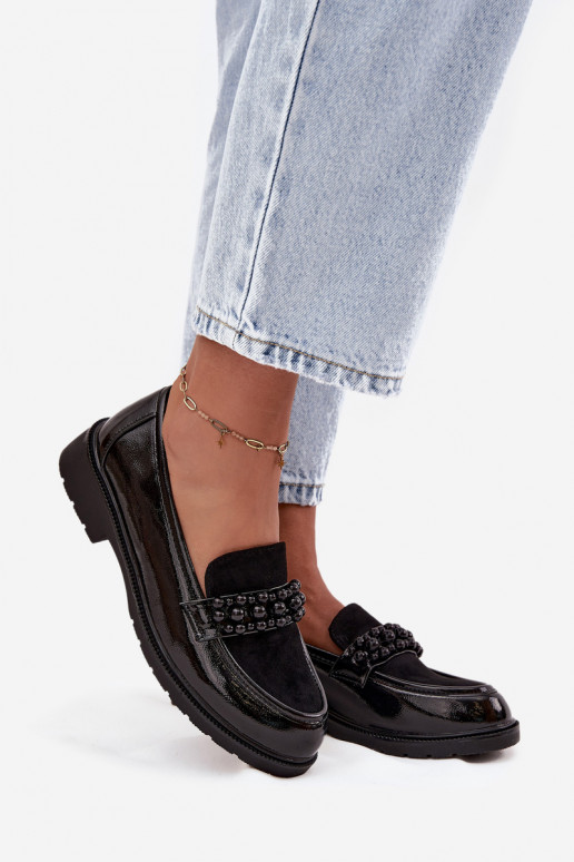 Dámské mokasíny s efektem laku s korálky S.Barski HY52-541 Černé