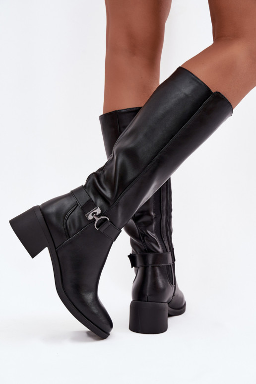zateplené dámské dlouhé boty  s popruhy Sergio Leone KZ25826 Černé zateplené dámské dlouhé boty  s popruhy Sergio Leone KZ25826 Černé
