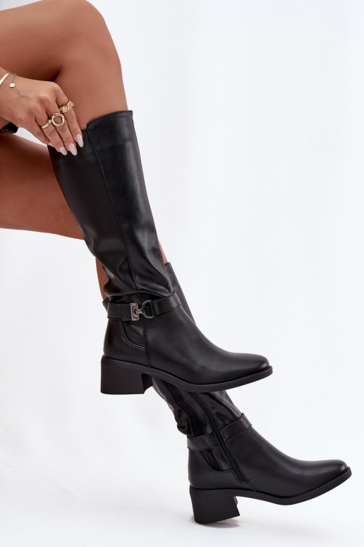 zateplené dámské dlouhé boty  s popruhy Sergio Leone KZ25826 Černé zateplené dámské dlouhé boty  s popruhy Sergio Leone KZ25826 Černé