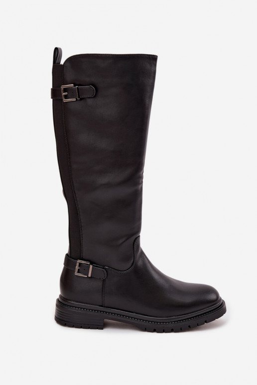 zateplené dámské dlouhé boty s širokými podpatky s přezkami Černé Sorelle