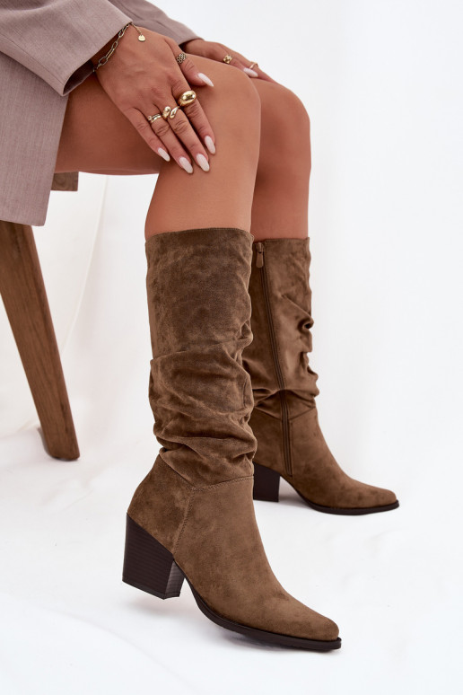 dámské dlouhé boty s vrásčitou podrážkou s podpatky zateplené zelené Paelina