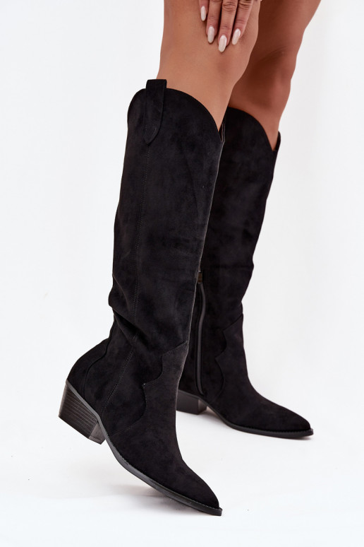 z eko semišeowe dlouhé boty kovbojský styl  s podpatky Černé Jenaya