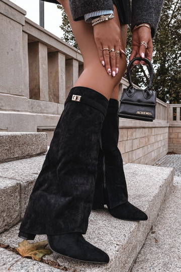 dlouhé boty z eko semišeowe Obcas Słupek  zateplené Wywinięta Cholewka béžové Evyra