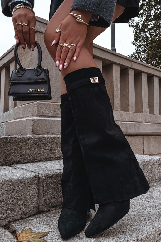 dlouhé boty z eko semišeowe Obcas Słupek  zateplené Wywinięta Cholewka béžové Evyra