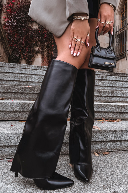 zateplené dlouhé boty s tenkými podpatky Z Wywiniętą Cholewką Černé Tamonia