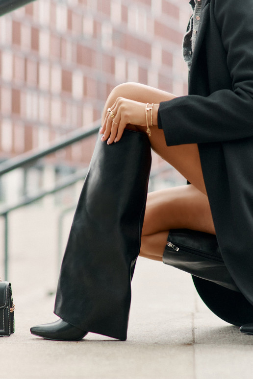 zateplené dlouhé boty s tenkými podpatky Z Wywiniętą Cholewką Černé Tamonia