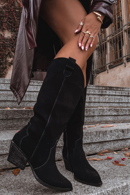  ze semiše dlouhé boty kovbojský styl  zateplené Černé Urselle