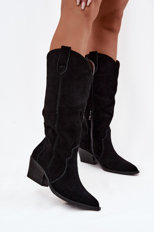  ze semiše dlouhé boty kovbojský styl  zateplené Černé Urselle