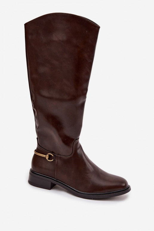 zateplené dámské dlouhé boty s širokými podpatky  Detalem Czekoladowe Renaya