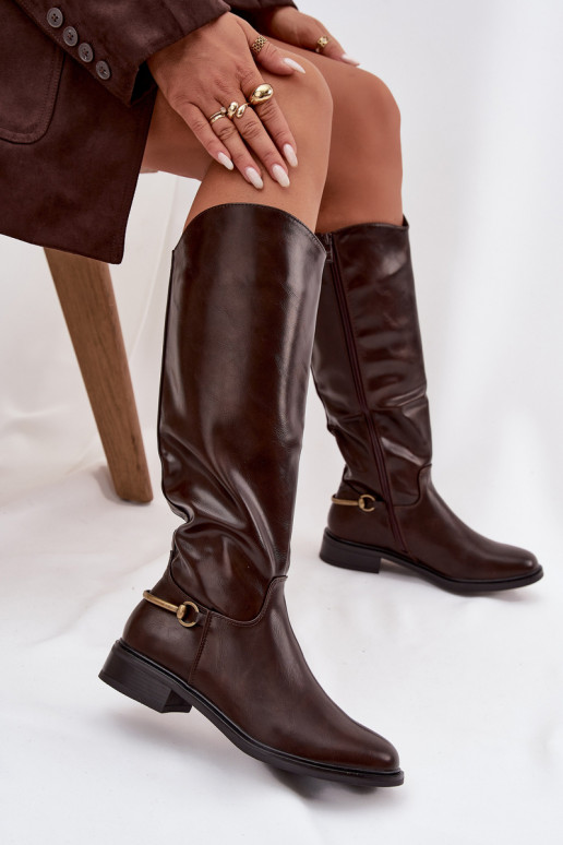 zateplené dámské dlouhé boty s širokými podpatky  Detalem Czekoladowe Renaya