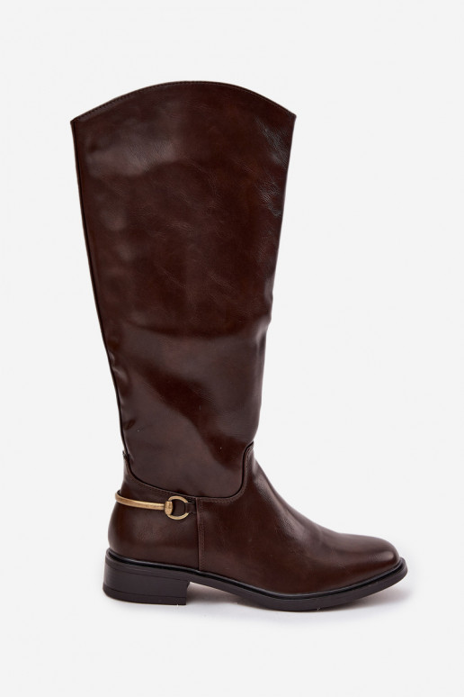 zateplené dámské dlouhé boty s širokými podpatky  Detalem Czekoladowe Renaya